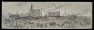 Het uitzicht vanaf Lake Michigan nabij de Chicago River tijdens de Chicago Fire van 1871 door Alfred Rudolph Waud